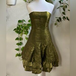 Vintage Aspeed USA Strapless Metallic Olive Ruffle Mini Dress XS